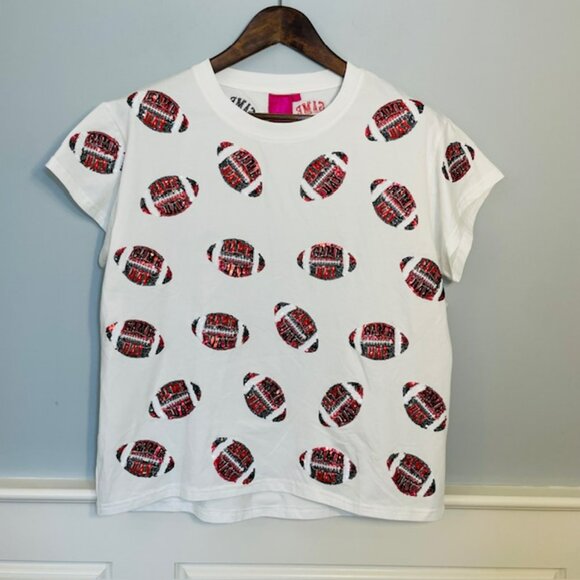 Queen of Sparkles QOS Game Day Football Sequin Tee Shirt Relaxed XS - Picture 2 of 6